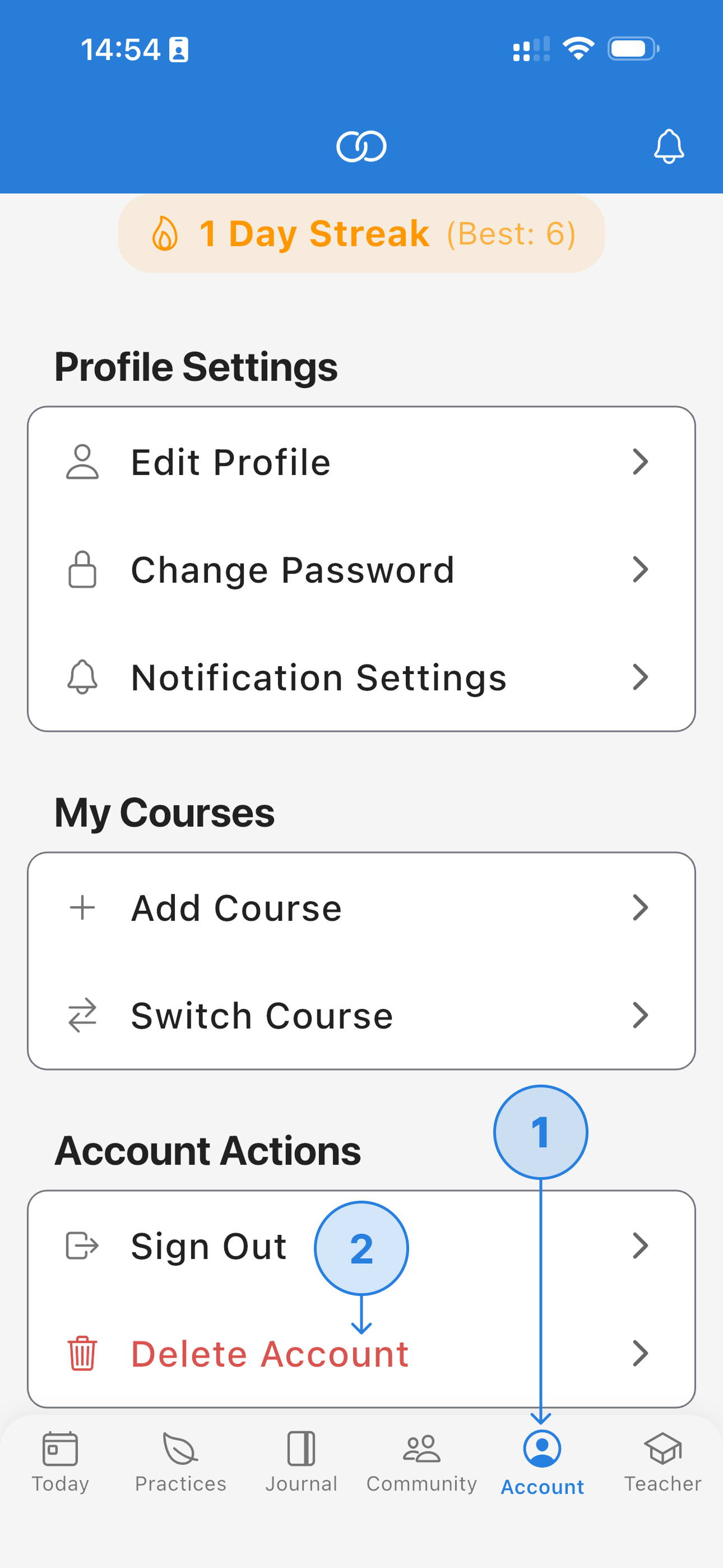 Mindful Brian Account screen showing the Account tab (1) in the bottom navigation and the Delete Account button (2) under Account Actions